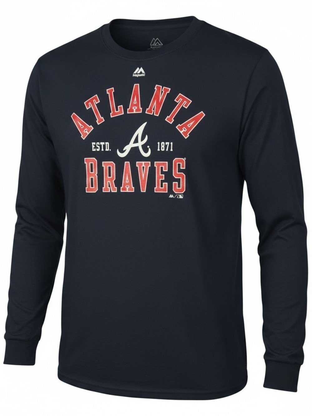NWT Majestic Navy Atlanta Braves Long Sleeve Tee with Red & White Logo 2XL